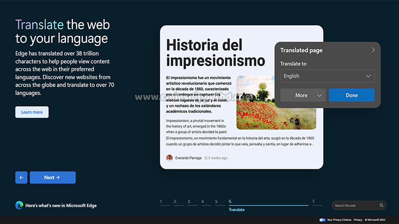 Microsoft Edge Web Browser - Built in Website Translation within browser